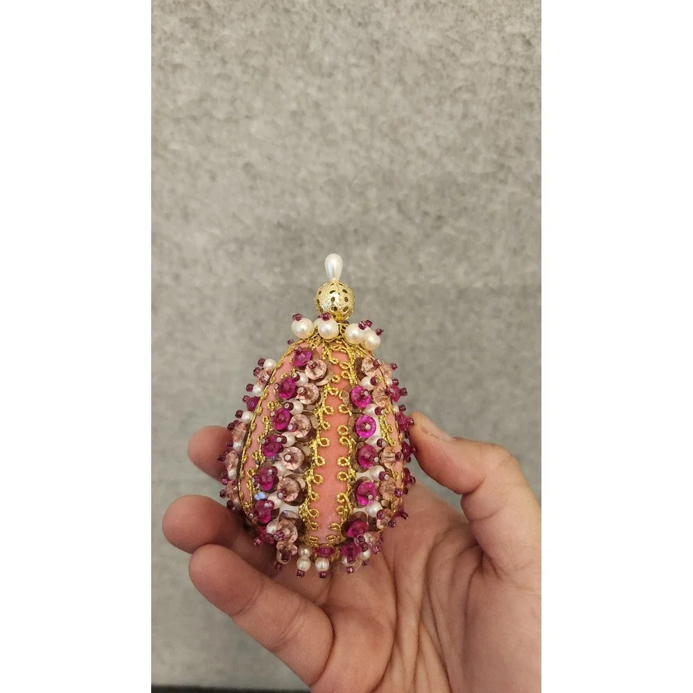 Handmade Beaded Sequin Christmas‎ Ornaments Set 3 Pink Red Multicolor Foam